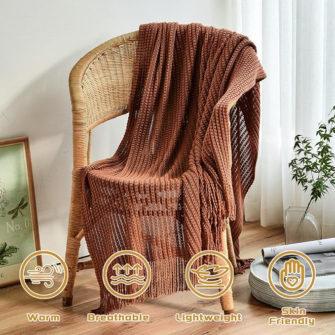 Blagic Knitted Throw Blanket for Couch,Soft Farmhouse Boho Fall Throw Blanket with Tassels,Home Decorative Lightweight Throw Blankets, Orange Rust Throws for Bed/Chair/Sofa, 50" W x 60" L