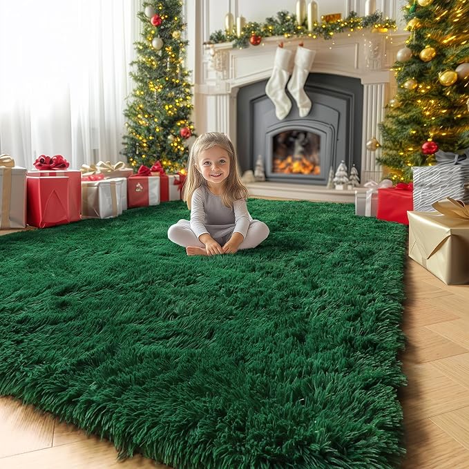 Amdrebio Dark Green Area Rugs for Living Room, 5x8, Fluffy Thick Rug for Bedroom, Soft Indoor Furry Rugs for Kids Room, Teen, Shag Modern Cool Carpet for Nursery Playroom Classroom, Emerald Green