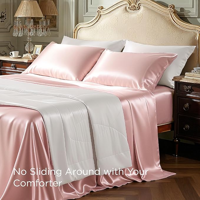 Bedsure Pink Satin Sheets Queen Size - 4 Piece Silky Bedsheets with 15 Inches Deep Pocket Fitted Bedsheet,1 Flat Sheet, 2 Satin Pillowcases, Good for Hair & Skin (Queen, Peach Pink)
