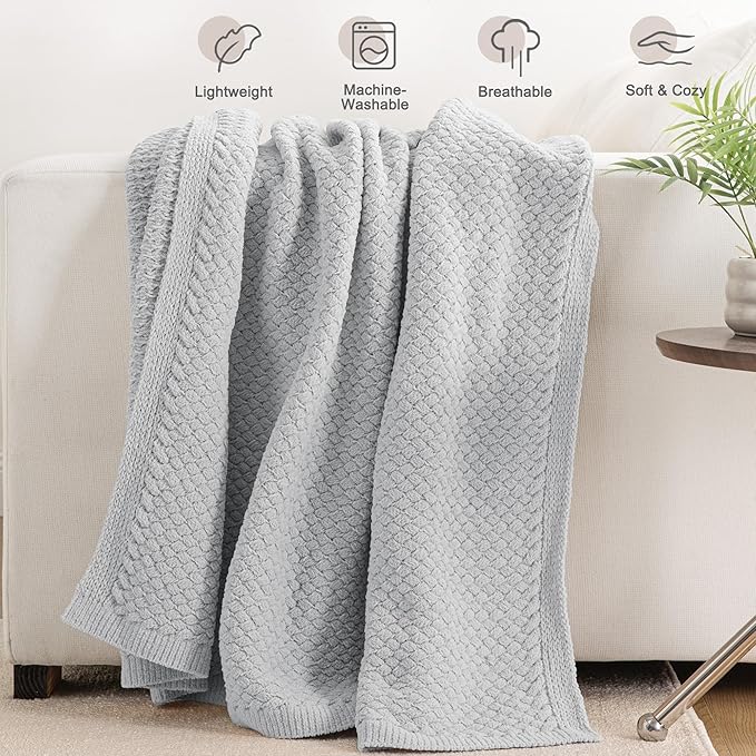 Whale Flotilla Chunky Knit Throw Blanket for Couch and Bed, Light Grey Decorative Cozy Fleece Blanket, Reversible Soft Fuzzy Woven Throws, 50x60 Inch