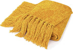 Pavilia Mustard Yellow Throw Blanket for Couch & Sofa Bed, Soft Knit Woven Gold Blanket with Tassel, Decorative for Chair & Living Room, 50x60