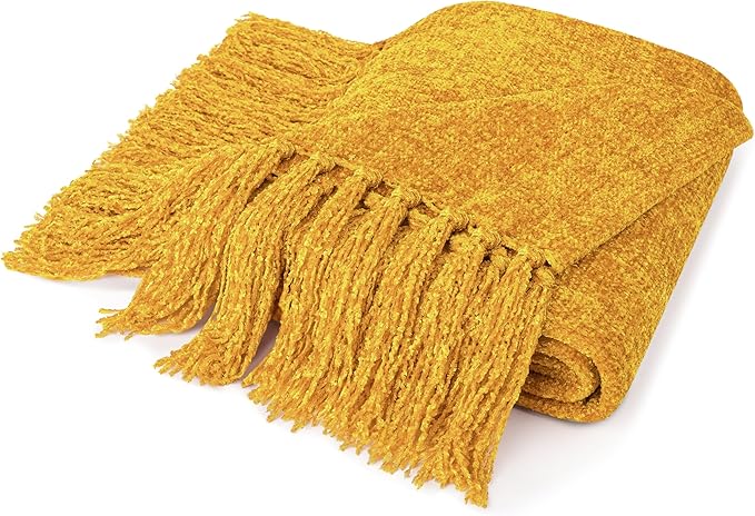 Pavilia Mustard Yellow Throw Blanket for Couch & Sofa Bed, Soft Knit Woven Gold Blanket with Tassel, Decorative for Chair & Living Room, 50x60