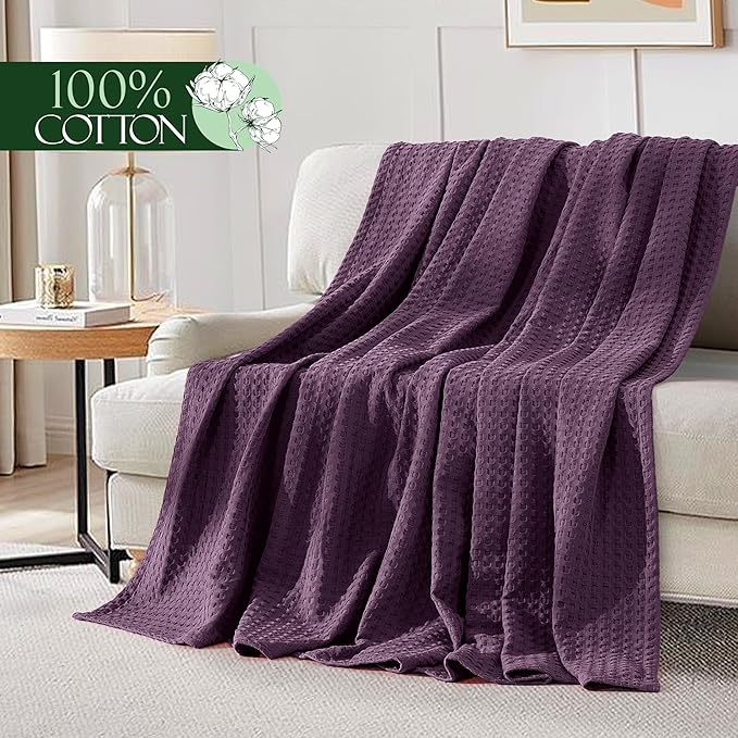 Elegant Comfort Premium 100% Cotton Waffle Blanket - Lightweight Breathable Waffle Weave Bed Blanket - Soft and Warm All Season Blanket for Couch, Sofa and Bed, Queen Size 90x90 Inches, Purple