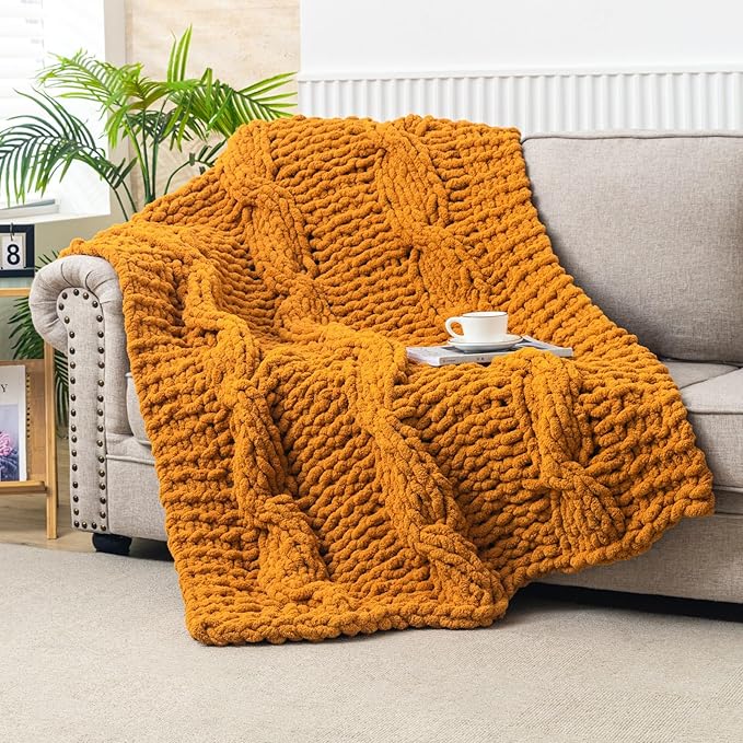 WESHIONGOO Chunky Knit Blanket Throw 50"×60" Knitted Throw Blankets for Couch Bed Fluffy Soft Blanket with Jumbo Chenille Yarn Thick 100% Handmade (Burnt Orange)