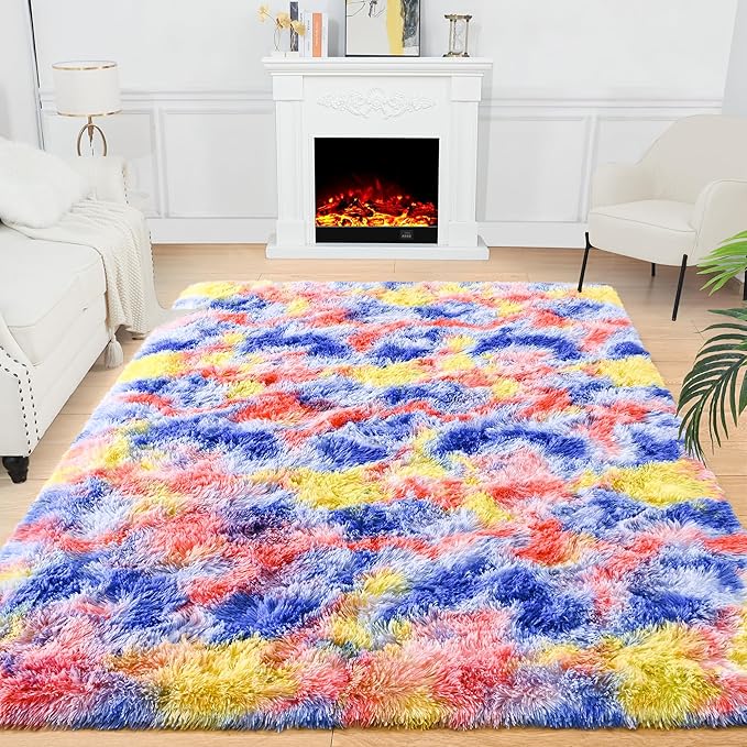 Noahas Rainbow Rug, 4x6 Feet, Blue/Yellow, High Pile, Machine Made, Non-Slip Grip, Machine Wash, Girls Room Decor