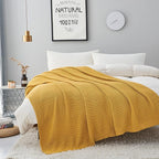 Longhui bedding Mustard Yellow Cotton Cable Knit Throw Blanket for Couch Sofa Bed, Home Decorative Lightweight Knitted Blankets with Bonus Laundering Bag, 50“ x 60”, Machine Washable