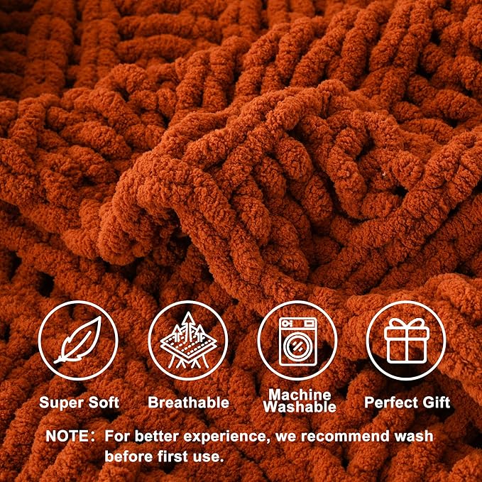Battilo Orange Chunky Knit Throw Blanket for Couch, Fall Throw Blanket, Rust Throw Fall Decorations, Thick Warm Cozy Soft Chenille Throw Blanket for Sofa, Bed, Living Room, 50"x60"