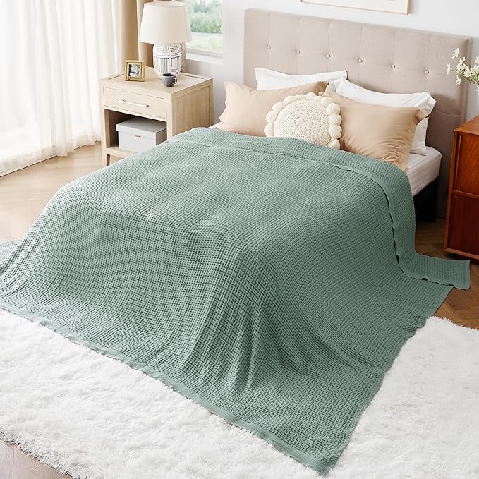Bedsure Gentlesoft 100% Cotton Big Blanket Oversized King for Bed - Large Breathable Thick Cooling Waffle Weave Blanket for Summer, Couch Cover, Sage Green, 120x94 inches