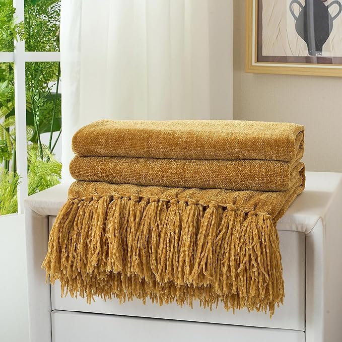 Chenille Throw Blanket for Couch with Tassels,50"X60" Soft Cozy Lightweight Knitted Boho Decorative Blankets for Bed and Sofa,Yellow
