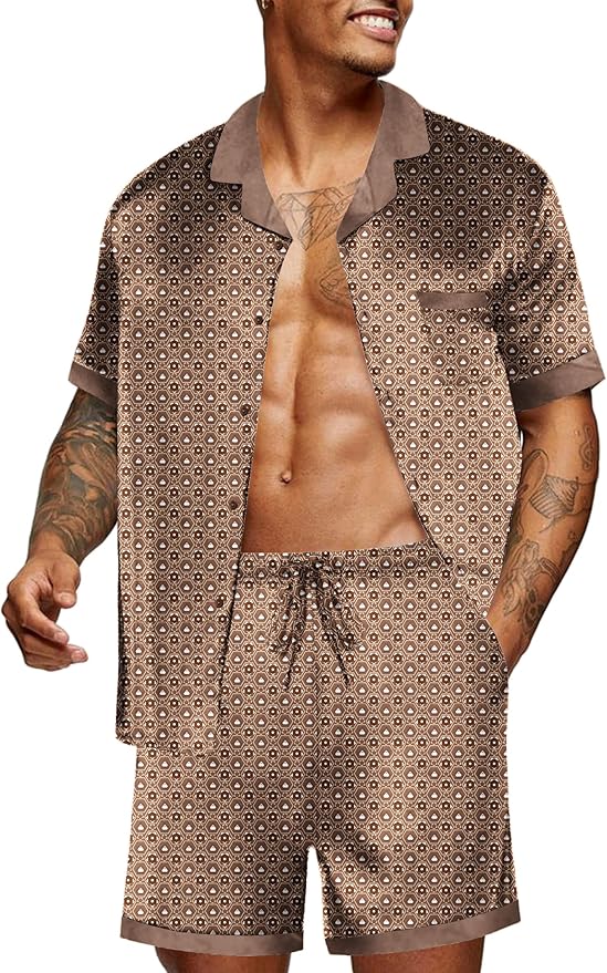 Ekouaer Men Satin Silk Pajamas Set with Pockets Sleepwear Shorts Satin Summer Loungewear 2 Piece Button Down Set S-3XL