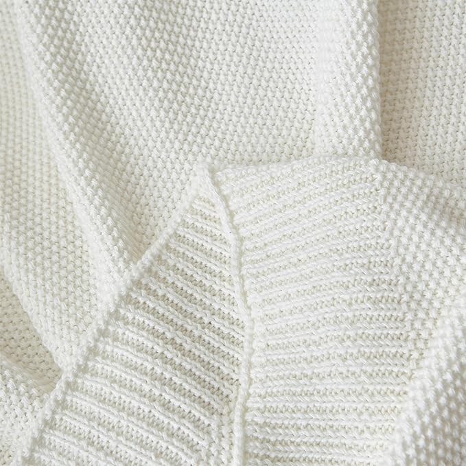 Longhui bedding 100% Cotton Ivory White Lightweight Cable Knit Throw Blanket for Couch Sofa Bed Home Décor – 50“ x 60”, Bonus Laundering Bag, Machine Washable
