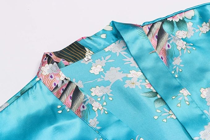 Women's Short Kimono Robes Bride and Bridesmaid Satin Floral Bathrobe Peacock Sleepwear Dressing Gown for Wedding Party
