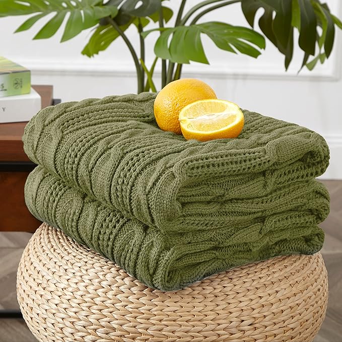Aormenzy Cable Knit Throw Blankets 30 x 40 Inches, Soft Cozy and Lightweight Knitted Blanket, Machine Washable 100 Percent Acrylic Blanket, Decorative Throw Blanket for Couch Sofa Bed, Olive Green