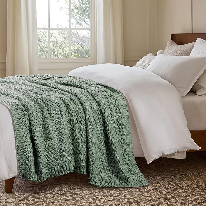 WDCOZY Chunky Cable Knit Throw Blanket Super Soft Warm Knitted Throw Blanket for Couch, Sofa, Chair, Bed Lightweight Breathable Cozy Comfortable Home Decorative Sage Green 60x80 Inches