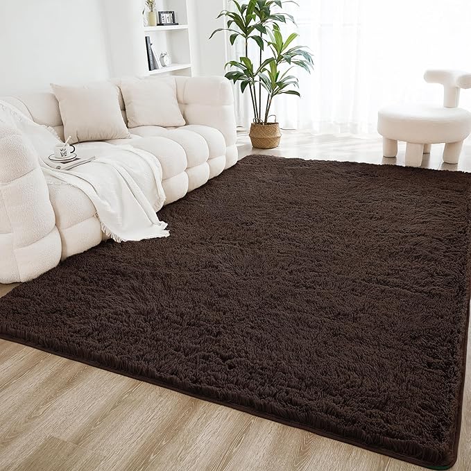 Litanika 9x12 Shag Area Rug for Living Room Bedroom, Brown High Pile Ultra Soft Plush Shaggy Furry Bedside Playroom Dorm Carpet, Non-Slip, Non-Shedding Modern Indoor Floor Rug