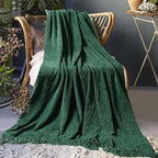 Chenille Throw Blanket for Couch 50"X 60", Soft Cozy Throws with Fringe Tassel for Bed Sofa Chair Cover, Lightweight Knitted Decorative Boho Blankets for Living Room, Dark Green