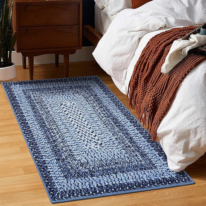 RUGSREAL 2x3 Entryway Rug Small Bedroom Area Rug Braided Printed Mat for Living Room Farmhouse Kitchen Mat Indoor Non Slip Rustic Throw Carpet Machine Washable Rug for Sink Under Table, Navy