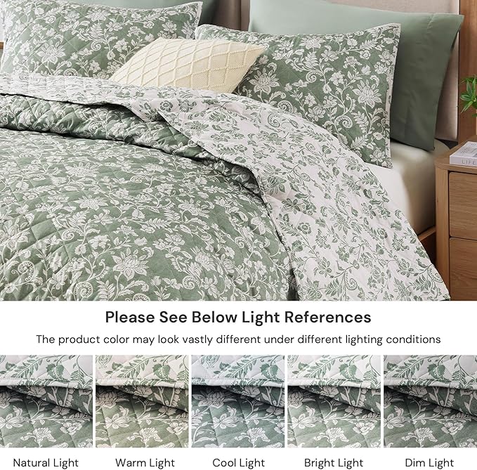 BLOOMHAVEN Quilt Set Queen Size, Green Floral Quilt Sets, Reversible Bedspread Lightweight and Breathable for All Seasons, Soft Quilted Bedspread with 2 Pillow Shams