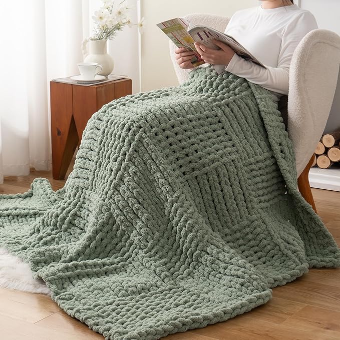 Bunnikins & Clover Sage Green Throw Blanket for Couch, Chunky Knit Blanket Throw with Chenille Yarn for Bed Living Room Home Decor, 50"x60"