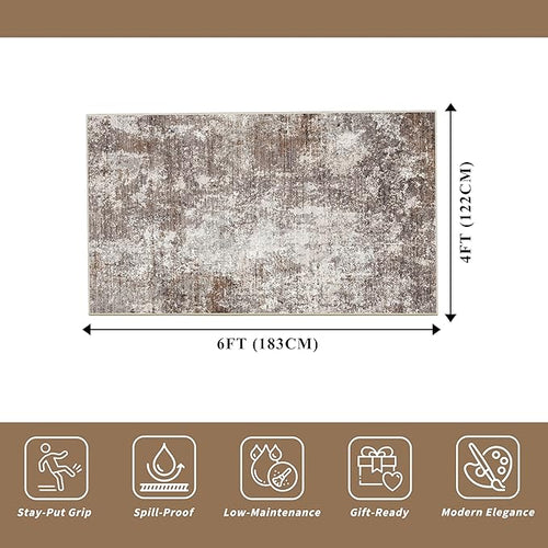 4x6 Washable Kitchen Rug –Non-Slip Small Area Rug for Bedroom, Entryway, Living Room, Office – Soft Modern Abstract Neutral Indoor Carpet (Brown Beige,4x6)