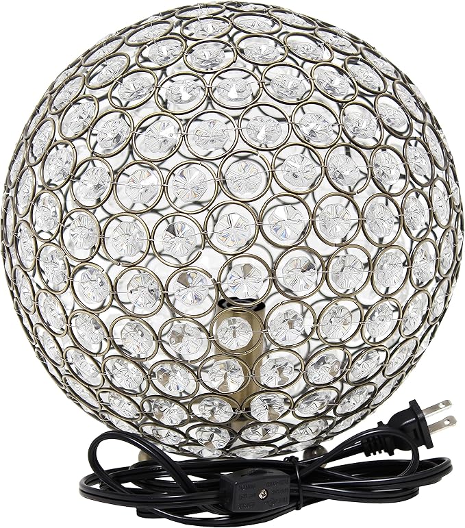 Elegant Designs LT1067-ABS 10" Elipse Crystal Collection Metal Crystal Ball Sequin Table Desk Lamp for Accent Lighting, Décor, Living Room, Antique Brass