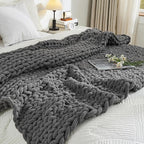 YAAPSU Chunky Knit Throw Blanket for Couch, 51"x63", 100% Hand Knitted Thick Cable Knit with Cozy Jumbo Chenille Yarn, Soft Large Rope Knot Crochet Blankets for Sofa Bed Living Room Décor, Gray