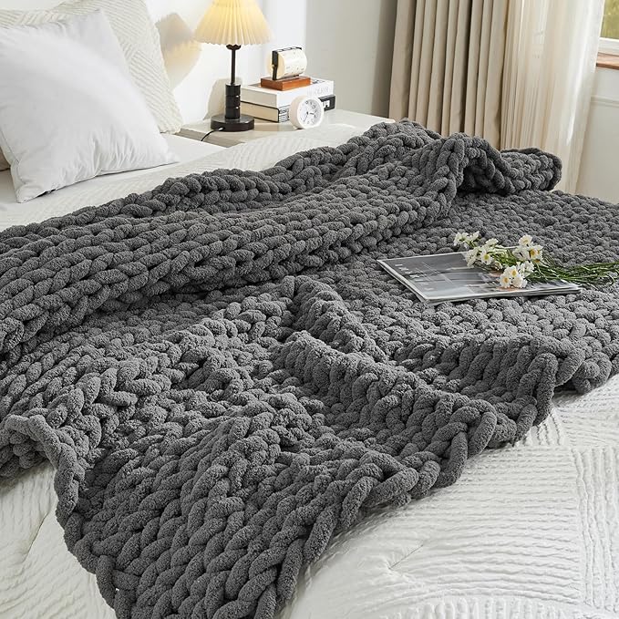 YAAPSU Chunky Knit Throw Blanket for Couch, 51"x63", 100% Hand Knitted Thick Cable Knit with Cozy Jumbo Chenille Yarn, Soft Large Rope Knot Crochet Blankets for Sofa Bed Living Room Décor, Gray