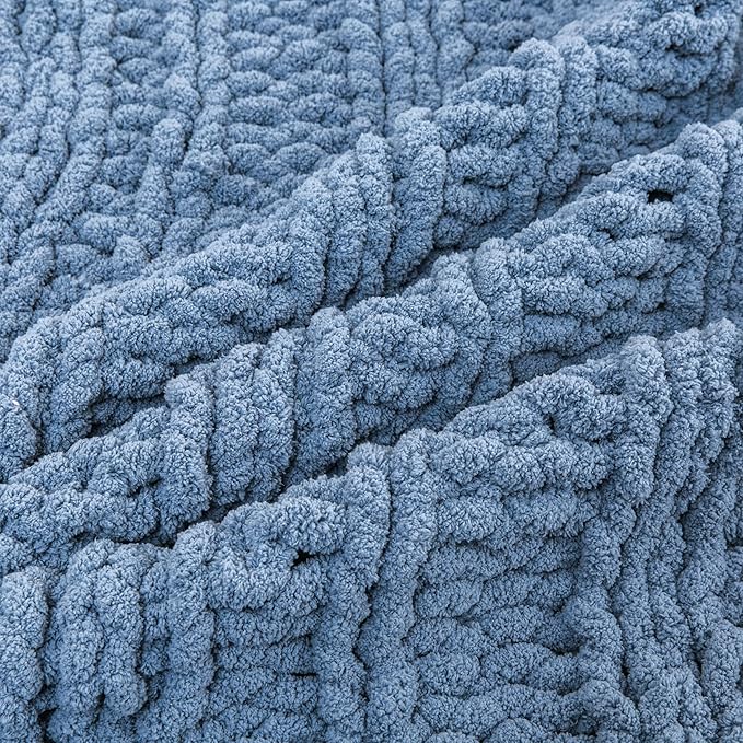 WESHIONGOO Chunky Knit Blanket Throw 40"×60" Knitted Throw Blankets for Couch Bed Fluffy Soft Blanket with Jumbo Chenille Yarn Thick 100% Handmade(Dusty Blue,Medium Size Throw)