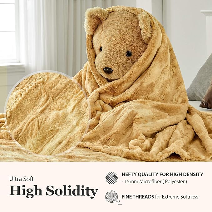MHD l [Made in Korea] Premium Faux Fur Throw Blanket :Luxury Double-Sided 15mm Microfiber Blanket, 800 GSM :Beige, 60" x 79"