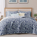 BLOOMHAVEN Quilt Set King Size, Oxford Blue Floral Quilt Sets, Reversible Bedspread Lightweight and Breathable for All Seasons, Soft Quilted Bedspread with 2 Pillow Shams