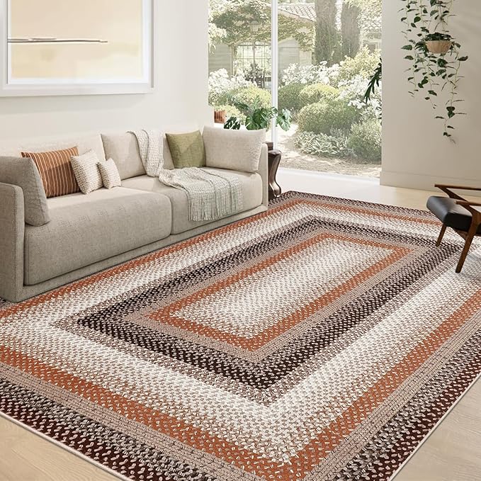 RUGSREAL Braided Washable Area Rug 8x10 Large Area Rug for Living Room Modern Braid Bedroom Carpet Stain Resistant Dining Room Throw Rug Soft Farmhouse Accent Carpet for Home Decor, Brown/Rust