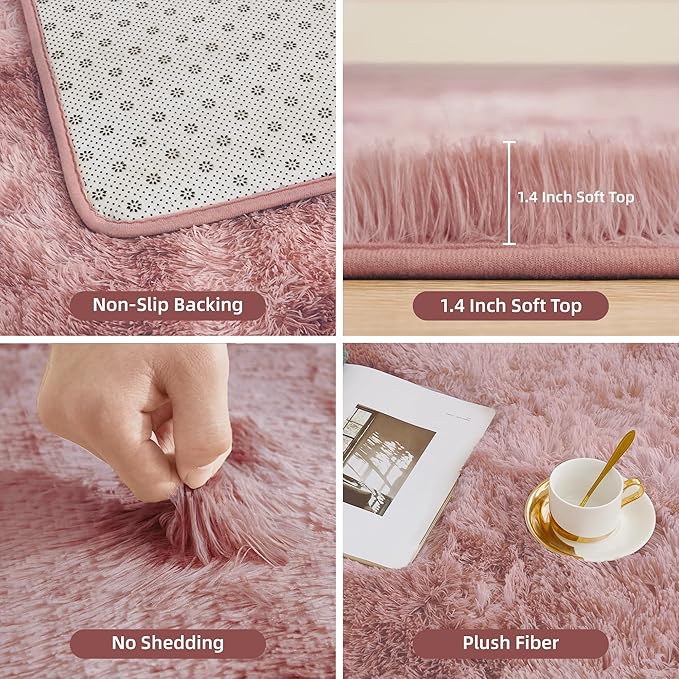 Litanika 8x10 Shag Area Rug for Living Room Bedroom, Tie-Dyed Dusty Pink High Pile Soft Plush Shaggy Furry Bedside Playroom Dorm Carpet, Non-Slip, Non-Shedding Modern Indoor Floor Rug