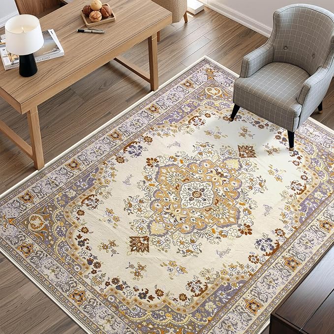 CRYPTOLITE Vintage Area Rug 5x8 Rugs, Machine Washable Vintage Area Rug Non-Slip Low Pile Large Rug for Living Room, Bedroom, Farmhouse, Dining Room, Beige