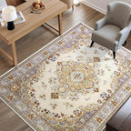 CRYPTOLITE Vintage Area Rug 5x8 Rugs, Machine Washable Vintage Area Rug Non-Slip Low Pile Large Rug for Living Room, Bedroom, Farmhouse, Dining Room, Beige