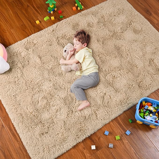Softlife Beige Area Rug for Bedroom, Fluffy Shag Plush Rugs for Living Room Girls, Shaggy Throw Soft Fuzzy Small Kids Carpet for Dorm Bedside Ultra Cozy Non-Slip Indoor Decor, 4x5.3 Feet