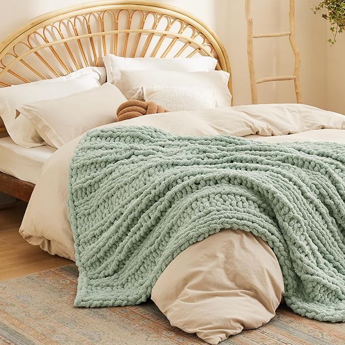 Bedsure Chunky Knit Throw Blanket for Couch - 100% Hand Knitted, 5.06 lbs GentleSoft Blanket with Giant Chenille Yarn for Bed Living Room Home Decor, Thick and Cozy, Sage Green, 50x60 Inches