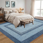 RUGSREAL Large Bedroom Rug 6x9 Machine Washable Rug Braided Print Boho Throw Floor Cover Farmhouse Rustic Dining Room Carpet Geometric Bordered Braided Carpet for Living Room Home Office, Blue