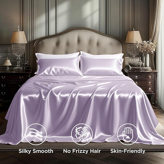 Bedsure Satin Sheets Full Size - 4 Piece Silky Bedsheets with 15 Inches Deep Pocket Fitted Bedsheet,1 Flat Sheet, 2 Satin Pillowcases, Good for Hair & Skin (Full, Lavender)