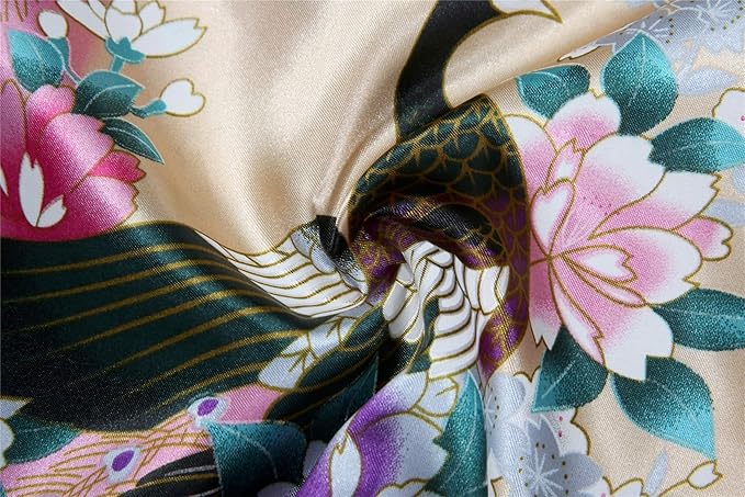 Valennia Women Long Silky Bathrobe Satin Kimono Robe Floral Printed Dressing Gown Sleepwear