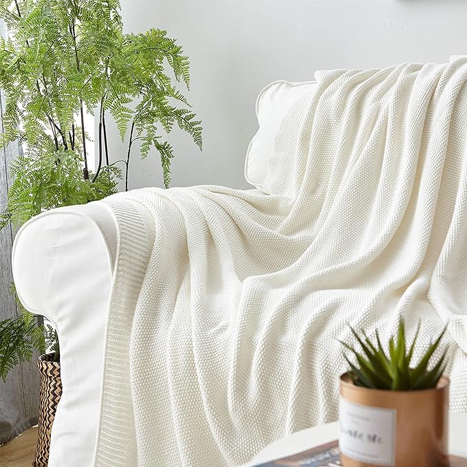 Longhui bedding Ivory White Cotton Cable Knit Throw Blanket for Couch Sofa Chair Bed Home Decorative, 60 x 80 Inch Woven Throw Blankets with a Washing Bag Silk Bow Tie Package