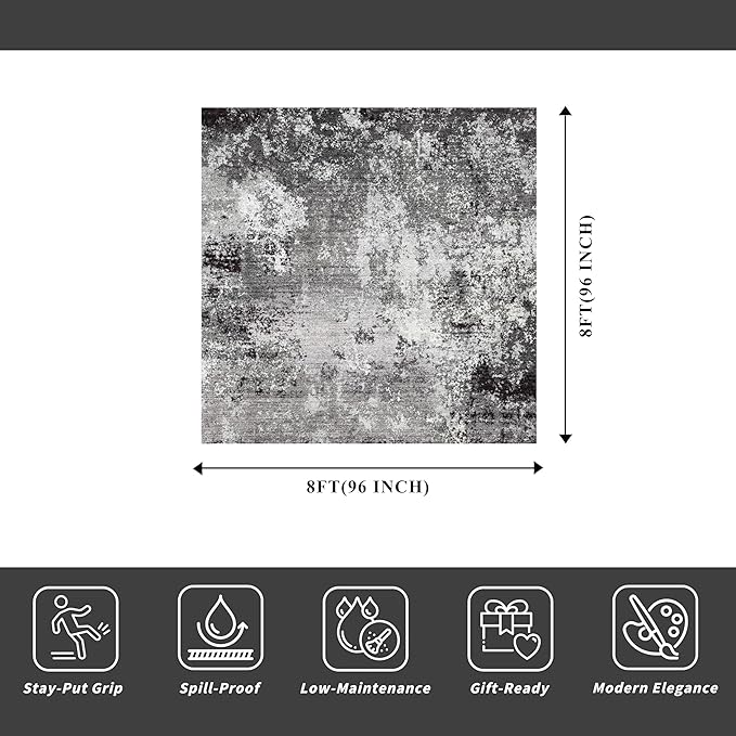 8x8 Square Living Room Area Rug – Washable Modern Neutral Abstract Indoor Rug for Bedroom, Dining Room, Kitchen – Non-Slip Soft Low-Pile Floor Carpet (Black Grey,8x8)