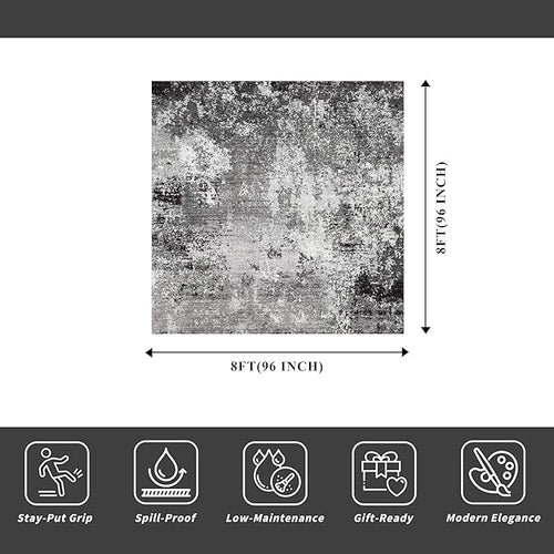 8x8 Square Living Room Area Rug – Washable Modern Neutral Abstract Indoor Rug for Bedroom, Dining Room, Kitchen – Non-Slip Soft Low-Pile Floor Carpet (Black Grey,8x8)
