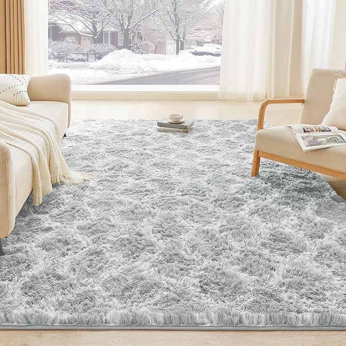Litanika 5x8 Geometric Shag Area Rug for Bedroom, Light Grey and White High Pile Ultra Soft Plush Shaggy Furry Bedside Playroom Dorm Carpet, Non-Slip, Non-Shedding Indoor Floor Rug