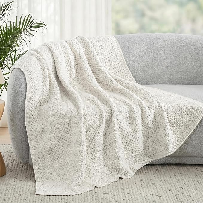 Whale Flotilla Chunky Knit Throw Blanket for Couch and Bed, Ivory Decorative Cozy Fleece Blanket, Reversible Soft Fuzzy Woven Throws, 50x60 Inch