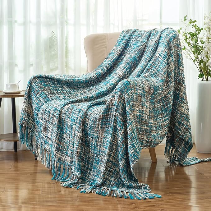 Multi-Color Teal Cable Woven Throw Blanket for Couch,50"X60" Boho Style Textured Blankets for Home Decor,Super Soft Warm Cozy Chunky Blanket with Decorative Tassels for Bed and Sofa