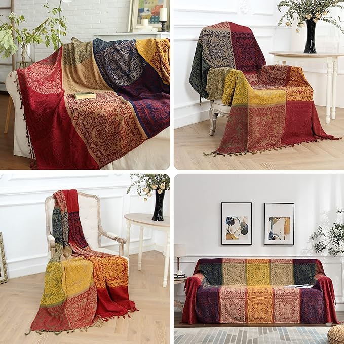 Boho Throw Blanket - Hippie Chenille Jacquard Bohemian Chair Couch Sofa and Bed Furniture Cover with Colorful Tribal Pattern (Red, 87" x 102")
