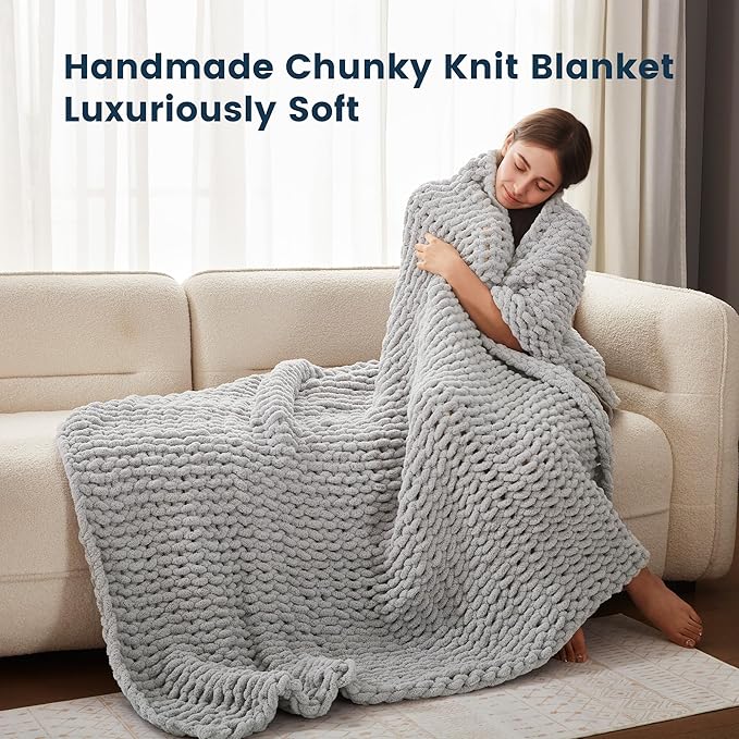 SLEEP ZONE Chunky Knit Throw Blanket for Couch, Throw Blankets for Bed - Hand Made Cozy Soft Large Rope Knot Heavy Blankets Home Decor (Grey, 80x90in)