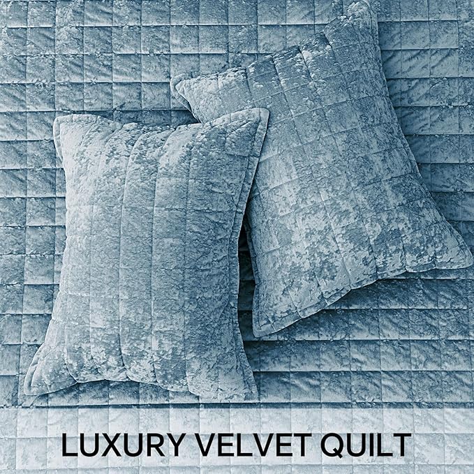 BEDELITE Velvet Quilt Set King Size - Luxury Velvet Comforter Bedding Set 3 Pieces, Lightweight Soft Cozy Shiny Dusty Blue Oversized Bedspread Coverlet for All Seasons with 2 Pillow Shams