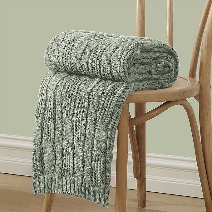 Aormenzy Cable Knit Throw Blankets 60 x 80 Inches, Soft Cozy and Lightweight Knitted Blanket, Machine Washable Acrylic Blanket, Decorative Throw Blanket for Couch Sofa Bed, Sage Green