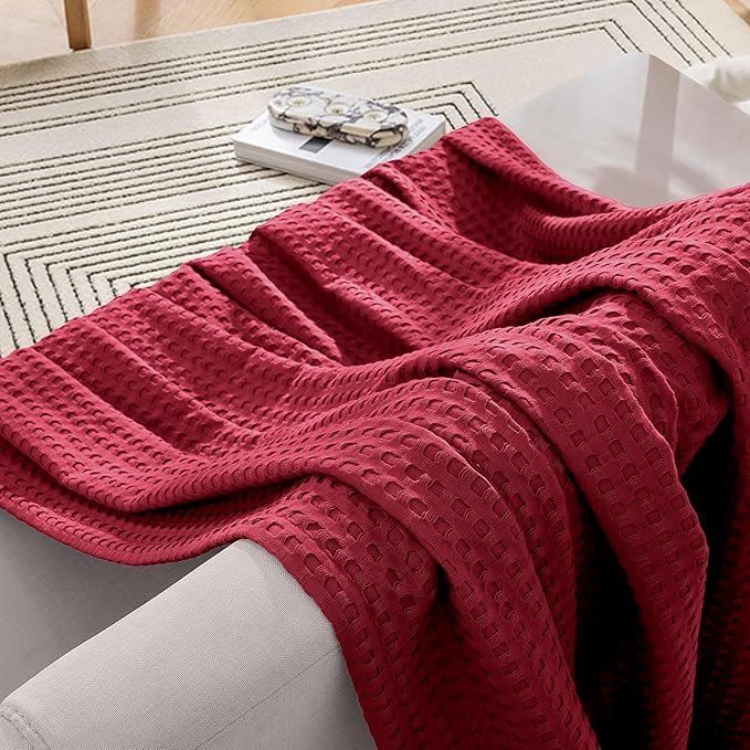 Elegant Comfort Premium 100% Cotton Waffle Blanket - Lightweight Breathable Waffle Weave Bed Blanket - Soft and Warm All Season Blanket for Couch, Sofa and Bed, Full Size 88x88 Inches, Burgundy